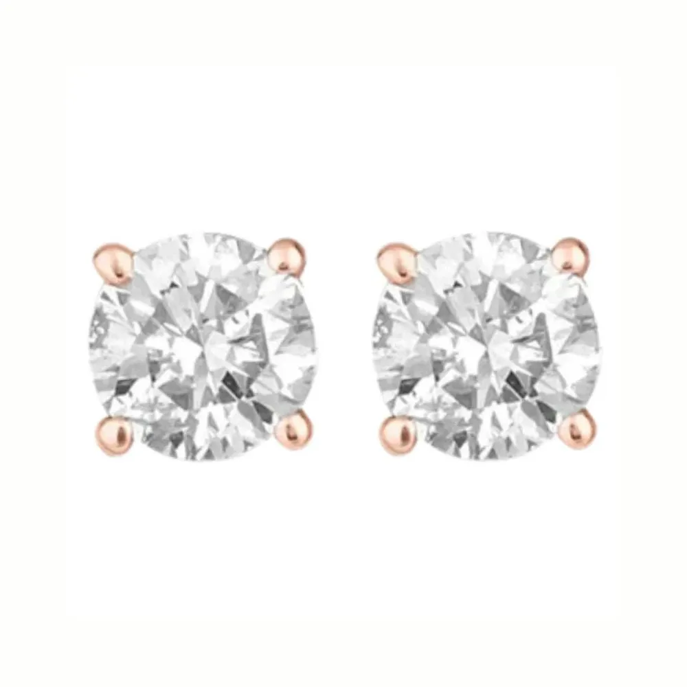 Paris Jewelry 14K Rose Solid Gold Created White Diamond Round 1/4Ct, 1/2Ct, 1Ct, 2Ct, 3Ct Stud Earrings - D/VVS1