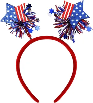 Patriotic American Flag Star Headband, Red White Blue Glitter Hair Hoop, Fun Party Accessory for 4th of July, Memorial Day, and Independence Day USA Themed Parade Supplies