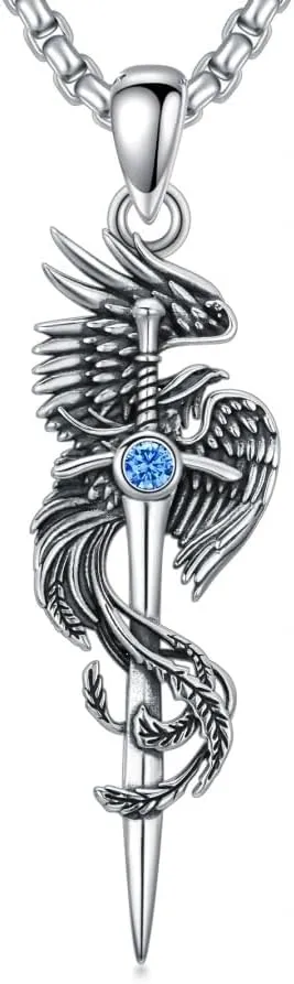 PELOVNY Phoenix Necklace 925 Sterling Silver Shield/Sword/Crystal/Key/Dog Tag/Cross/Abalone/Axe Pendant Rising Bird Jewelry for Anniversary Birthday Christmas Gifts Men Women