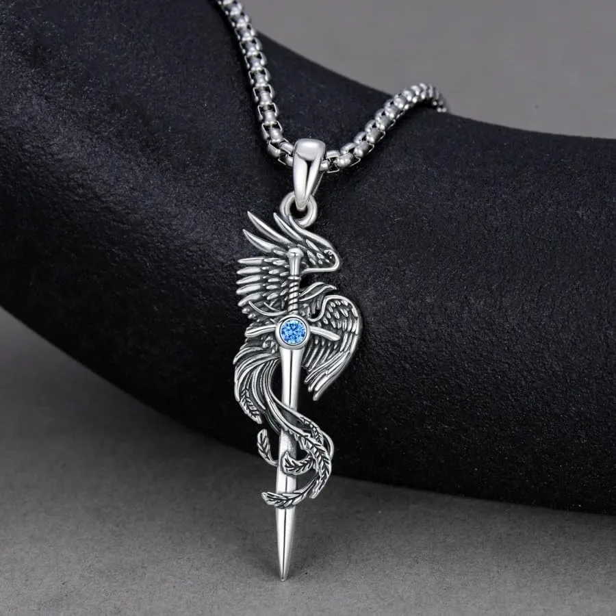 PELOVNY Phoenix Necklace 925 Sterling Silver Shield/Sword/Crystal/Key/Dog Tag/Cross/Abalone/Axe Pendant Rising Bird Jewelry for Anniversary Birthday Christmas Gifts Men Women