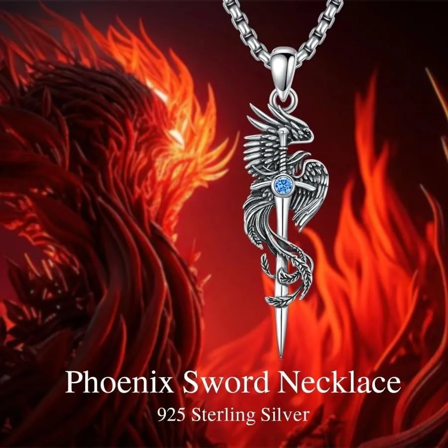 PELOVNY Phoenix Necklace 925 Sterling Silver Shield/Sword/Crystal/Key/Dog Tag/Cross/Abalone/Axe Pendant Rising Bird Jewelry for Anniversary Birthday Christmas Gifts Men Women