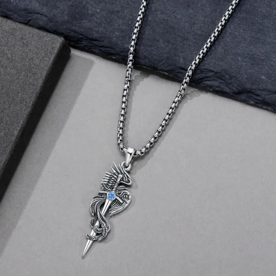PELOVNY Phoenix Necklace 925 Sterling Silver Shield/Sword/Crystal/Key/Dog Tag/Cross/Abalone/Axe Pendant Rising Bird Jewelry for Anniversary Birthday Christmas Gifts Men Women