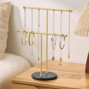 pickpiff Necklace Holder Stand: 2 Tier Jewelry Organizer with Marble Base, Gold Jewelry Tree Display for Bracelets, Rings, Earrings