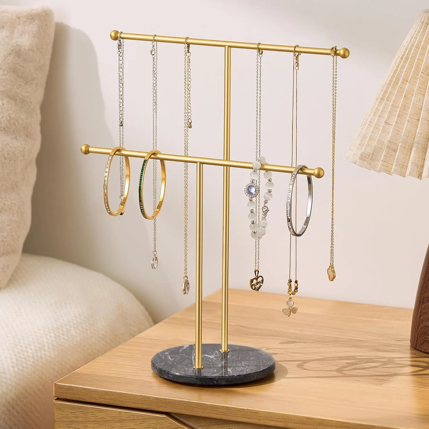 pickpiff Necklace Holder Stand: 2 Tier Jewelry Organizer with Marble Base, Gold Jewelry Tree Display for Bracelets, Rings, Earrings