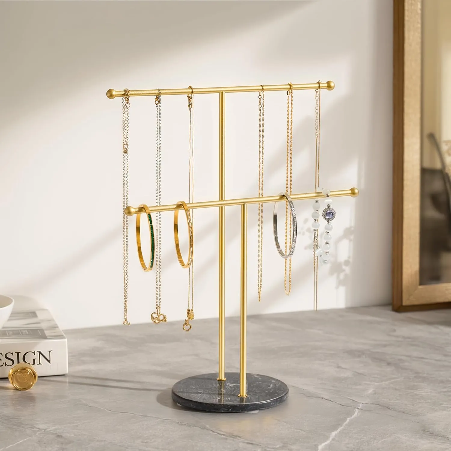 pickpiff Necklace Holder Stand: 2 Tier Jewelry Organizer with Marble Base, Gold Jewelry Tree Display for Bracelets, Rings, Earrings