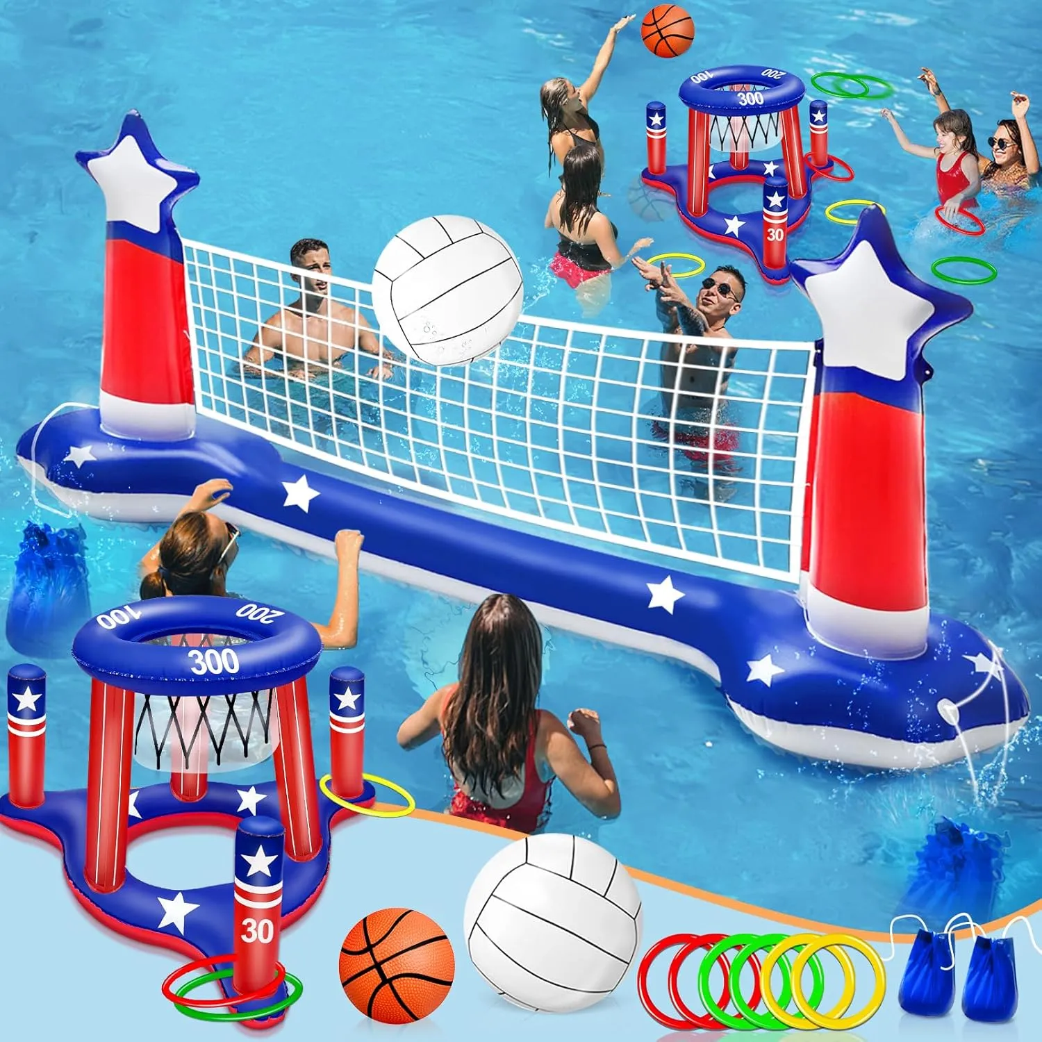 Pool Games Set, Volleyball Net & Basketball Hoop & Ring Toss, 3-in-1 Large Inflatable Water Sport Game Toys for Multi-Player Adults Kids American Flag Swimming Beach Toy for 4th of July Party Summer