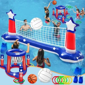 Pool Games Set, Volleyball Net & Basketball Hoop & Ring Toss, 3-in-1 Large Inflatable Water Sport Game Toys for Multi-Player Adults Kids American Flag Swimming Beach Toy for 4th of July Party Summer
