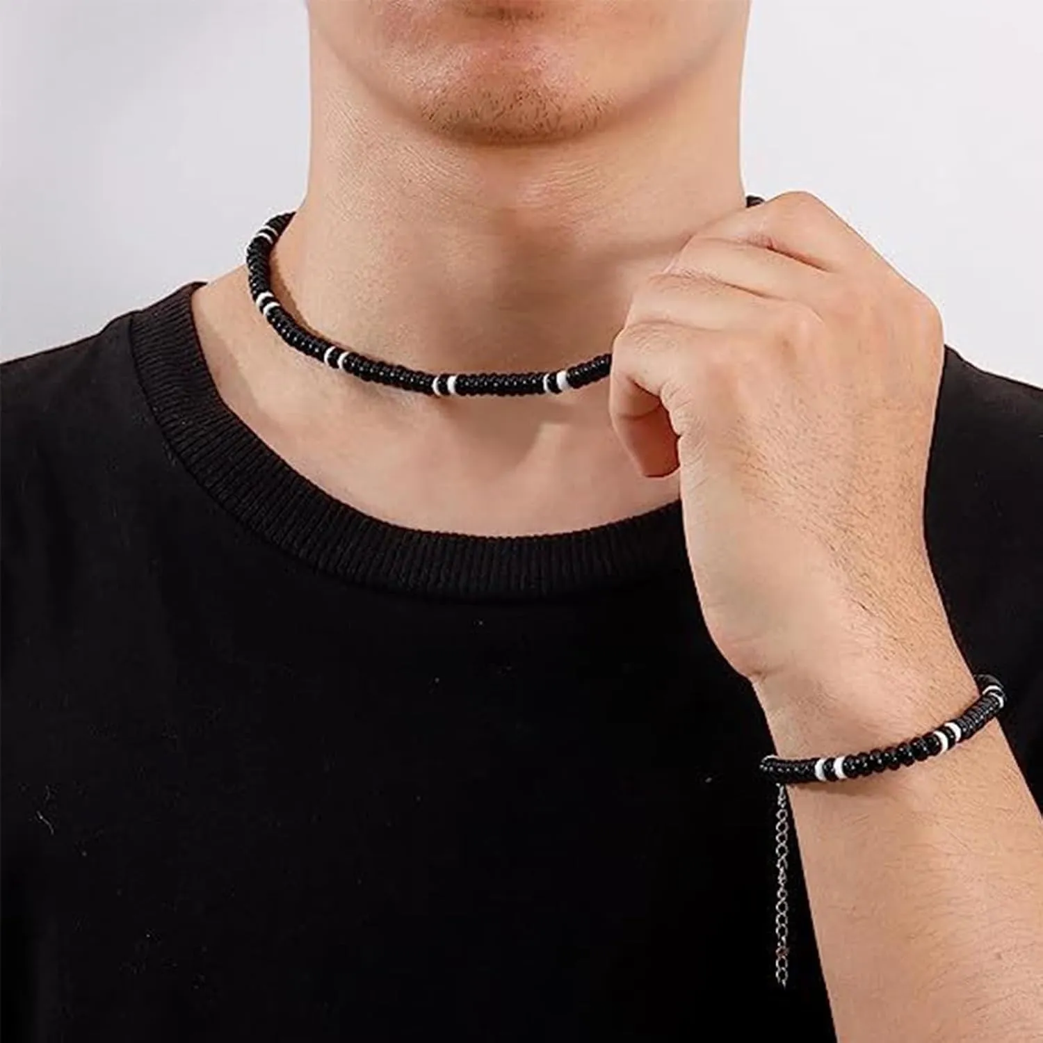 Puka Shell Necklace for Men Women, Surfer Necklace and Bracelet Fashion Jewelry Set, Summer Pookah Statement Choker Beaded Necklace