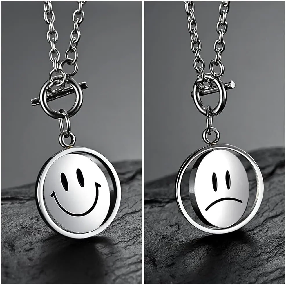 Rotatable Smile Cry Sunflower Change Mood Choker Necklace for Men Women Anti Anxiety Fidget Peace Spinner Pendant Inspirational Statement Titanium Stainless Steel Couple Chain Boyfriend Girlfriend Valentine Birthday Gifts