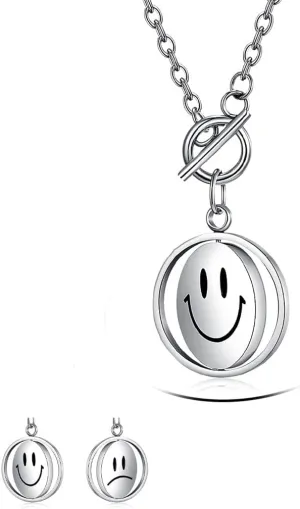 Rotatable Smile Cry Sunflower Change Mood Choker Necklace for Men Women Anti Anxiety Fidget Peace Spinner Pendant Inspirational Statement Titanium Stainless Steel Couple Chain Boyfriend Girlfriend Valentine Birthday Gifts