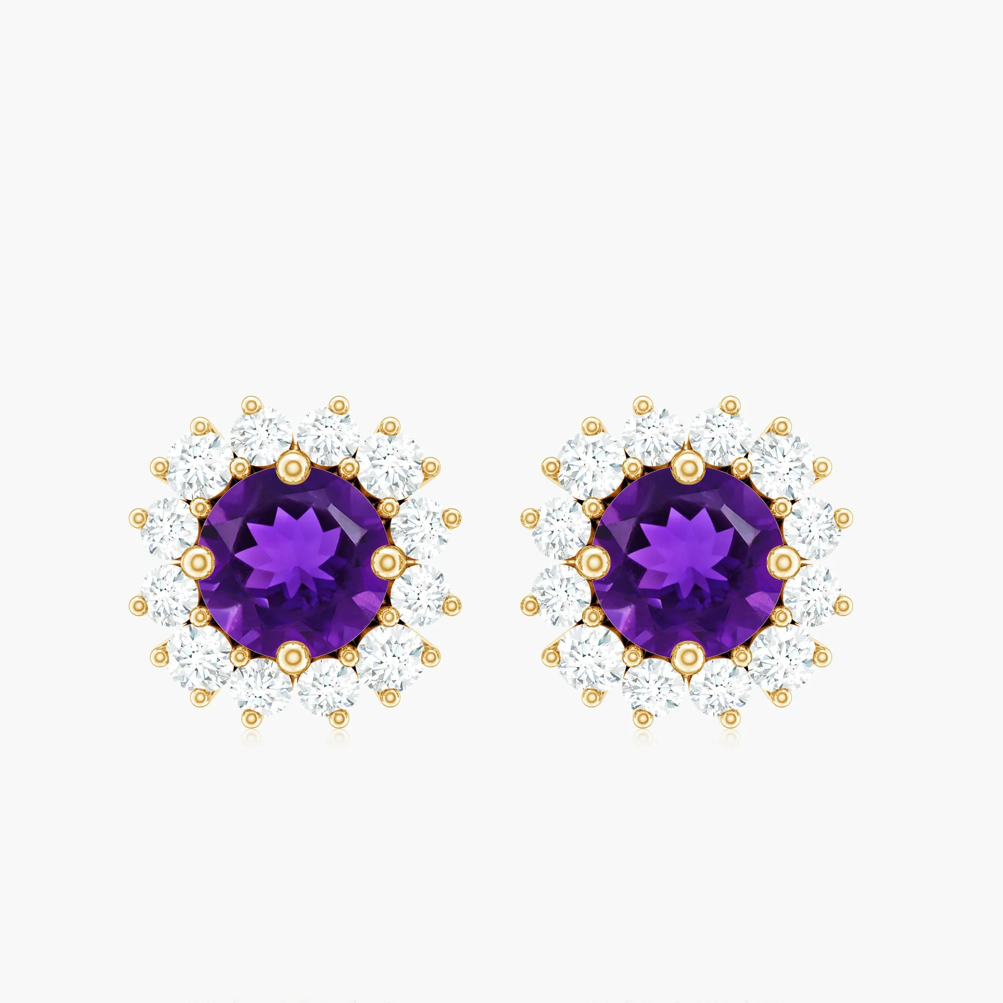 Round Amethyst Classic Stud Earring with Diamond Halo