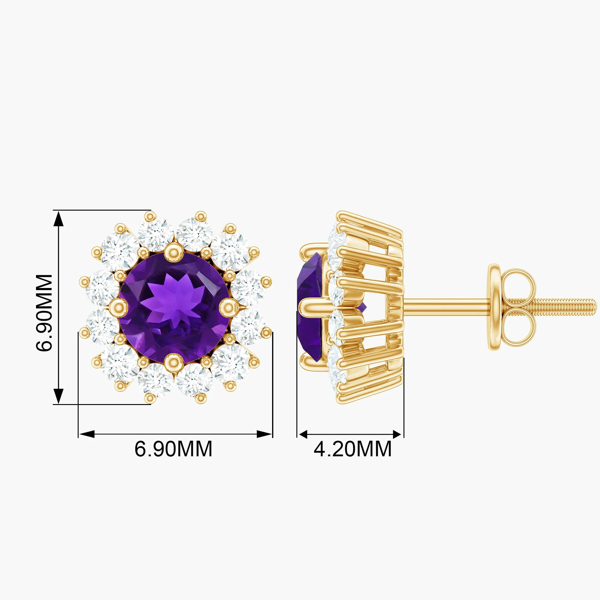 Round Amethyst Classic Stud Earring with Diamond Halo