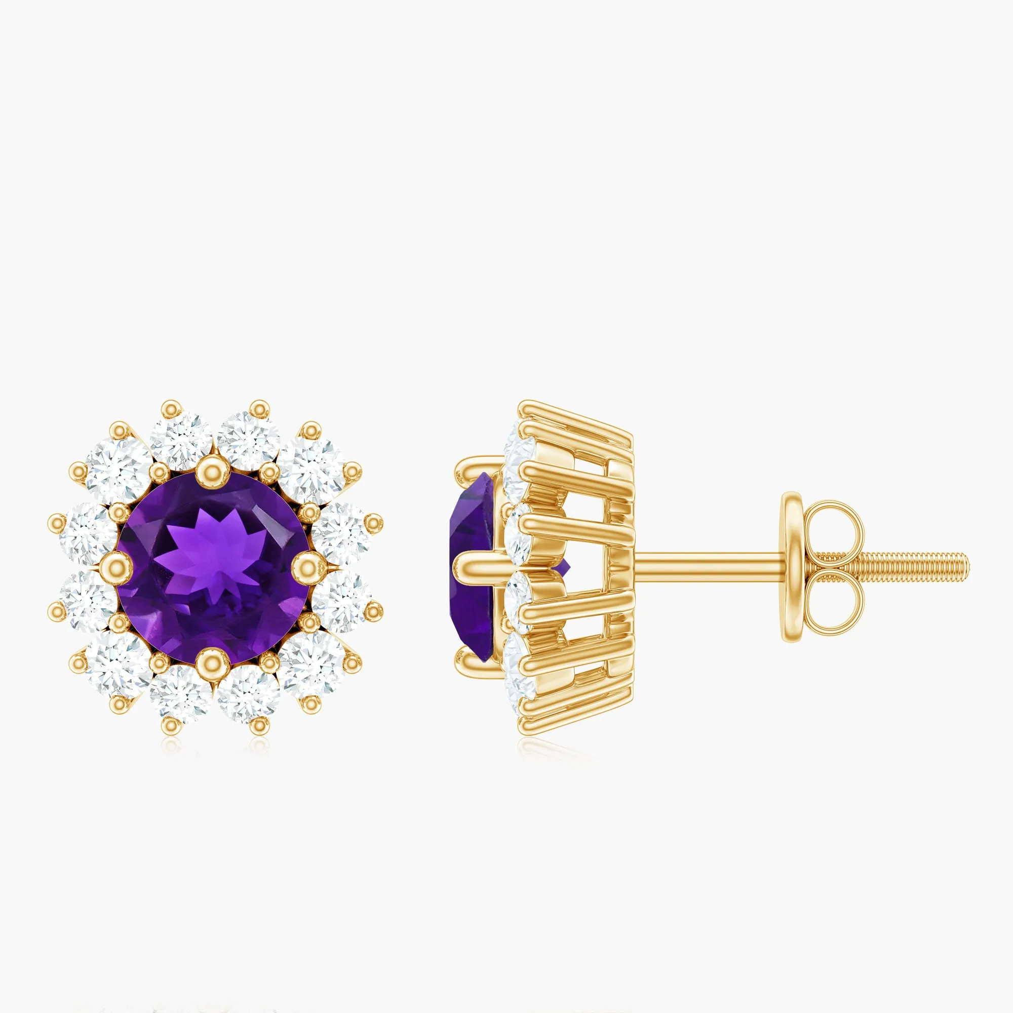 Round Amethyst Classic Stud Earring with Diamond Halo