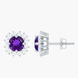 Round Amethyst Classic Stud Earring with Diamond Halo