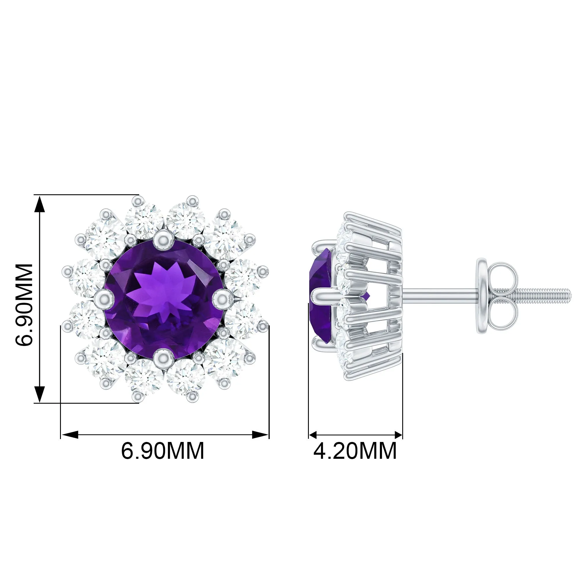 Round Amethyst Classic Stud Earring with Diamond Halo