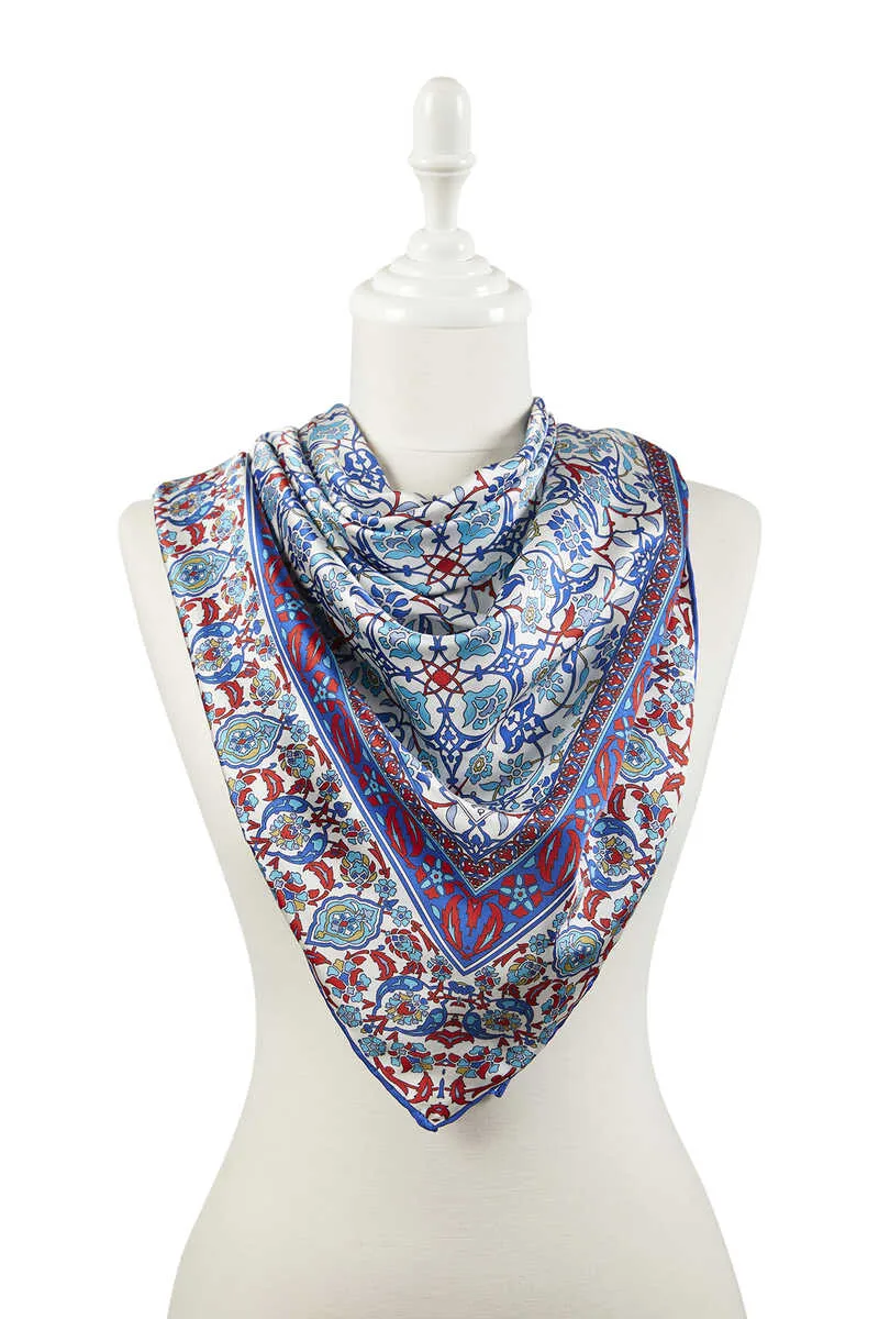Saks Red Turkish Patterned Tile Pattern Silk Square Scarf