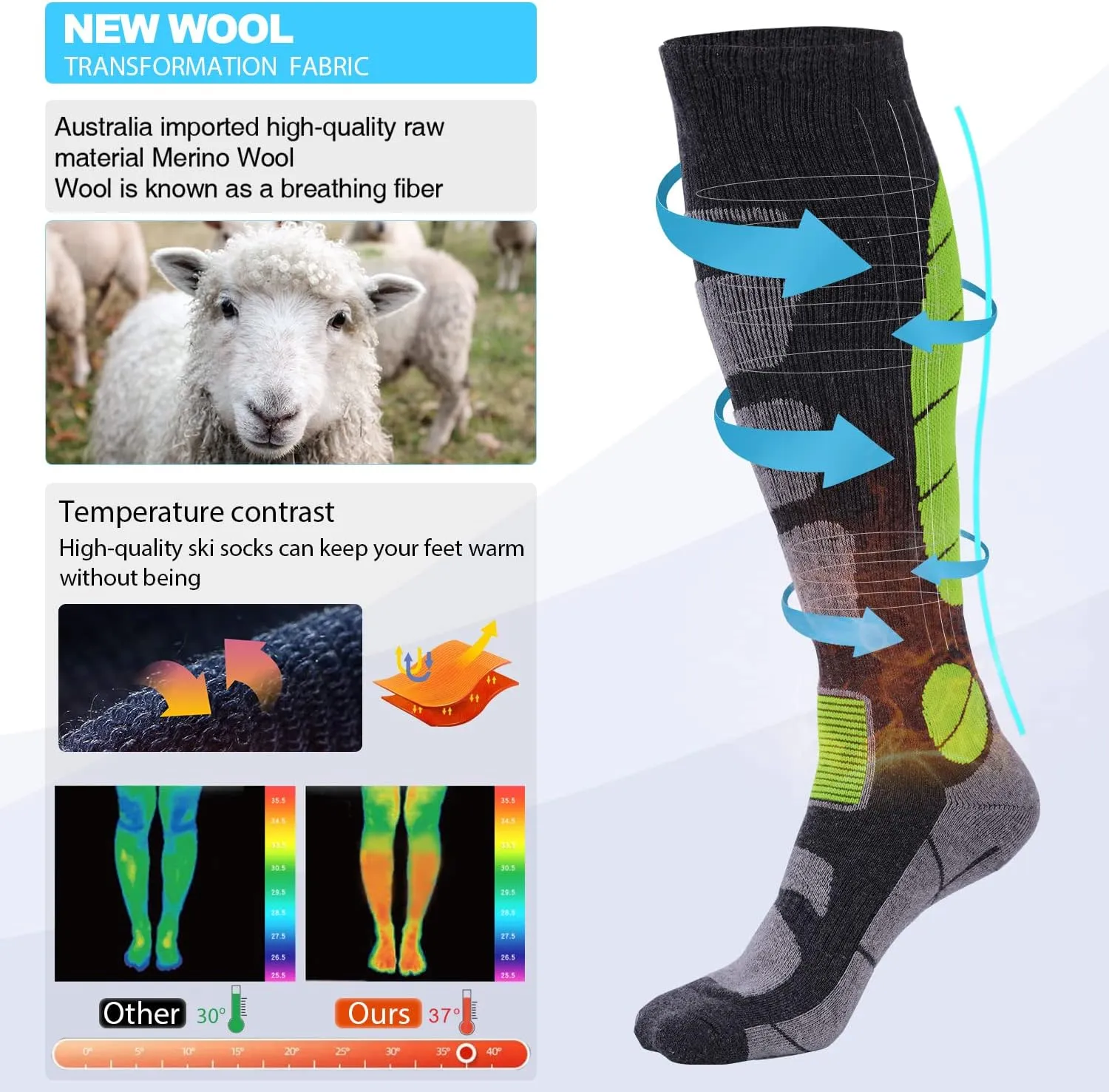 Ski Socks Merino Wool Thermal Knee High Winter Snowboard Sport Socks Men Women, Hunting