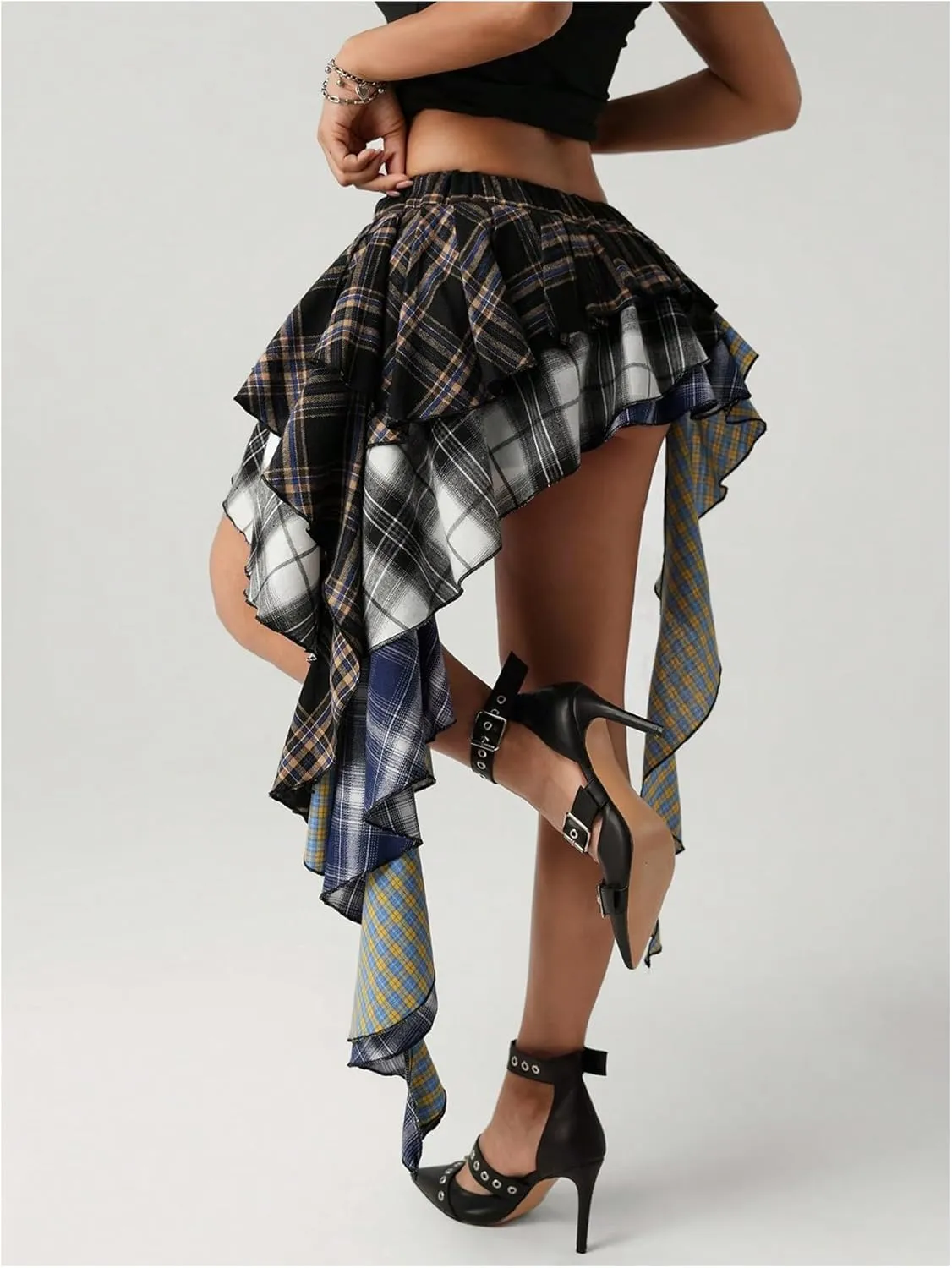 SOLY HUX Women's Plaid Ruffle Mini Skirt Y2k A Line Layered Asymmetrical Hem Skirts with Shorts Underneath