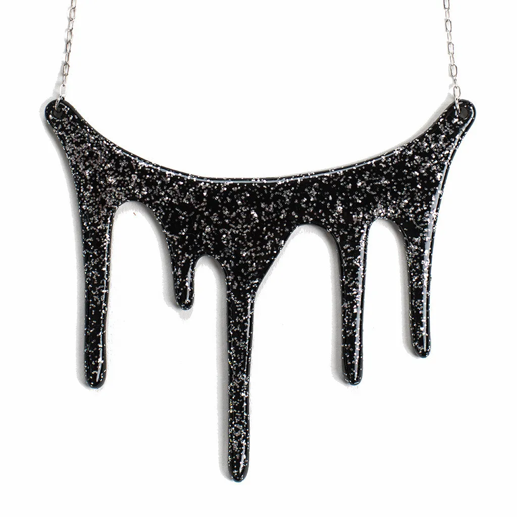 Sparkly Silver and Black Statement Necklace - Drip