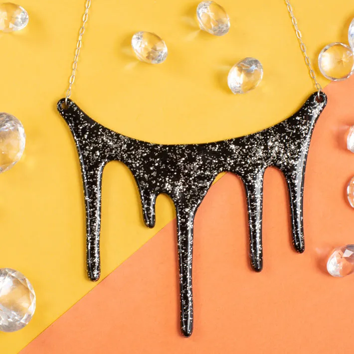Sparkly Silver and Black Statement Necklace - Drip