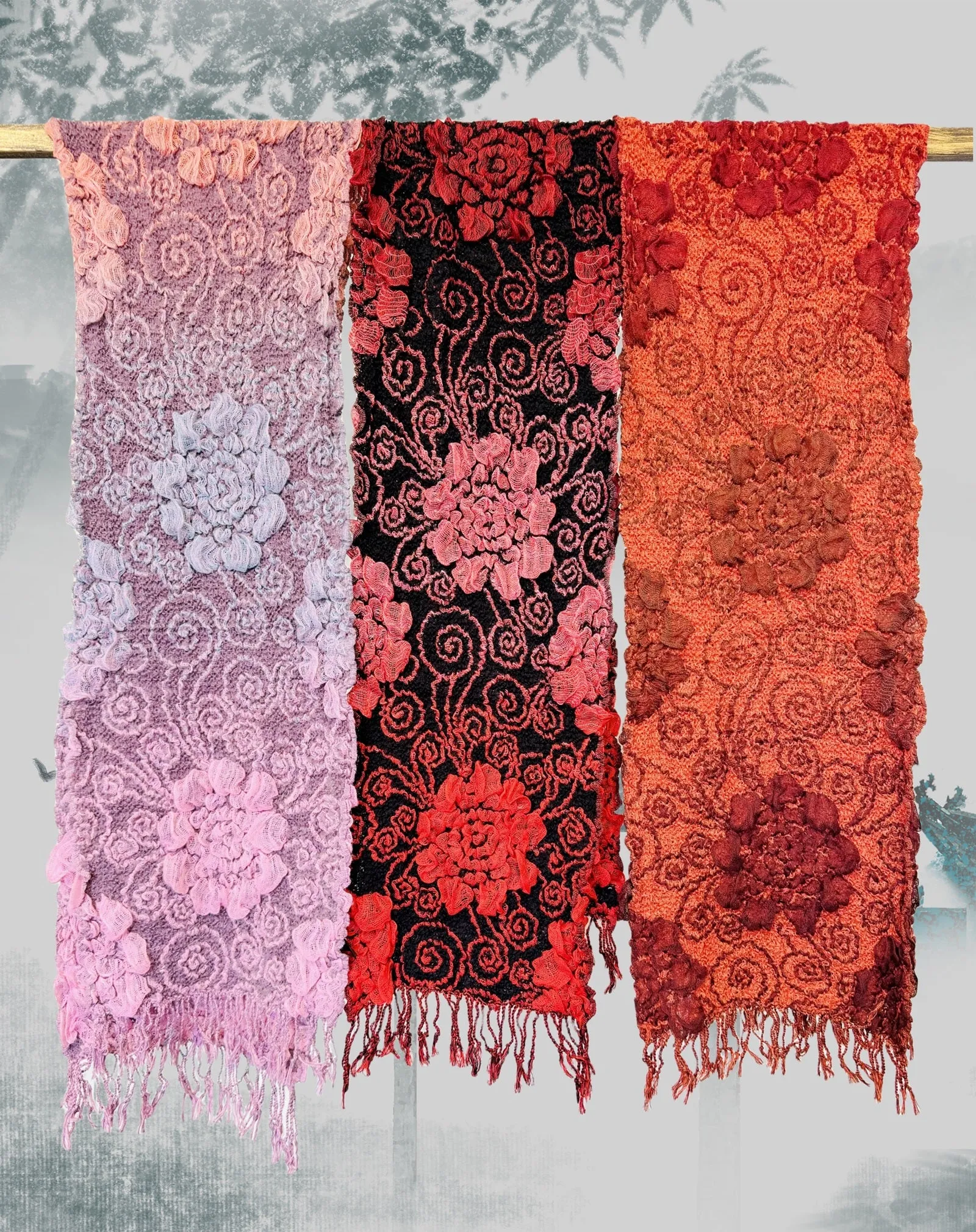 SS-PP Ultra-Soft Bamboo Fiber Scarf--3D Ombre Textured-Floral