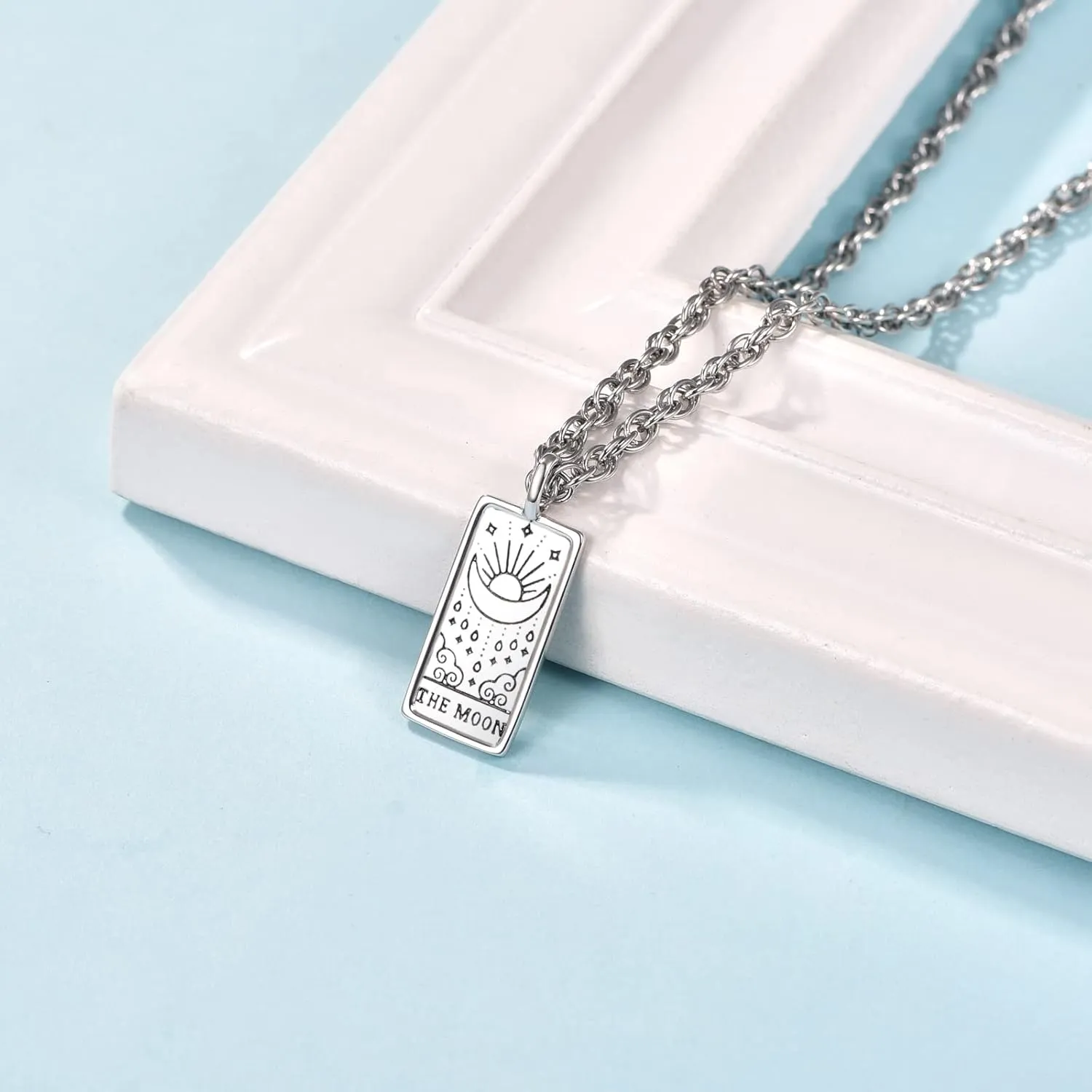 TANGPOET Tarot Cards Necklace for Women 925 Sterling Silver Vintage Tarot Square Pendants Dogtag Amulet Jewelry Good Luck Birthday Christmas Gifts for Her with 18" 2" Chain
