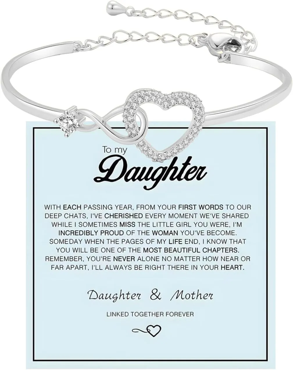 To My Daughter Forever Connected Bracelet, Infinity Forever Love Heart Bracelets You Are Always In Mine From Mom Cubic Zirconia Adjustable Inspirational Gift Jewelry