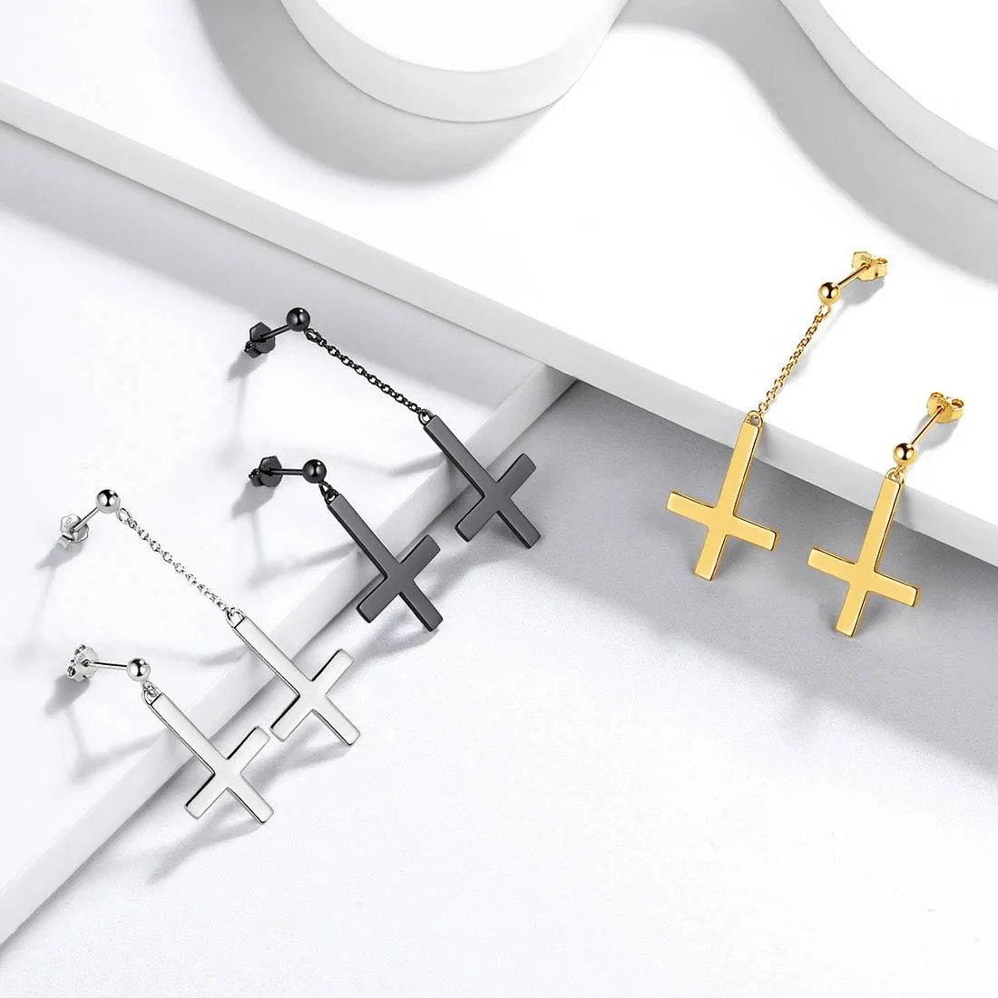 Tokyo Mart Asymmetry Upside Down Cross Earrings Stud Dangle Women Mens Jewelry