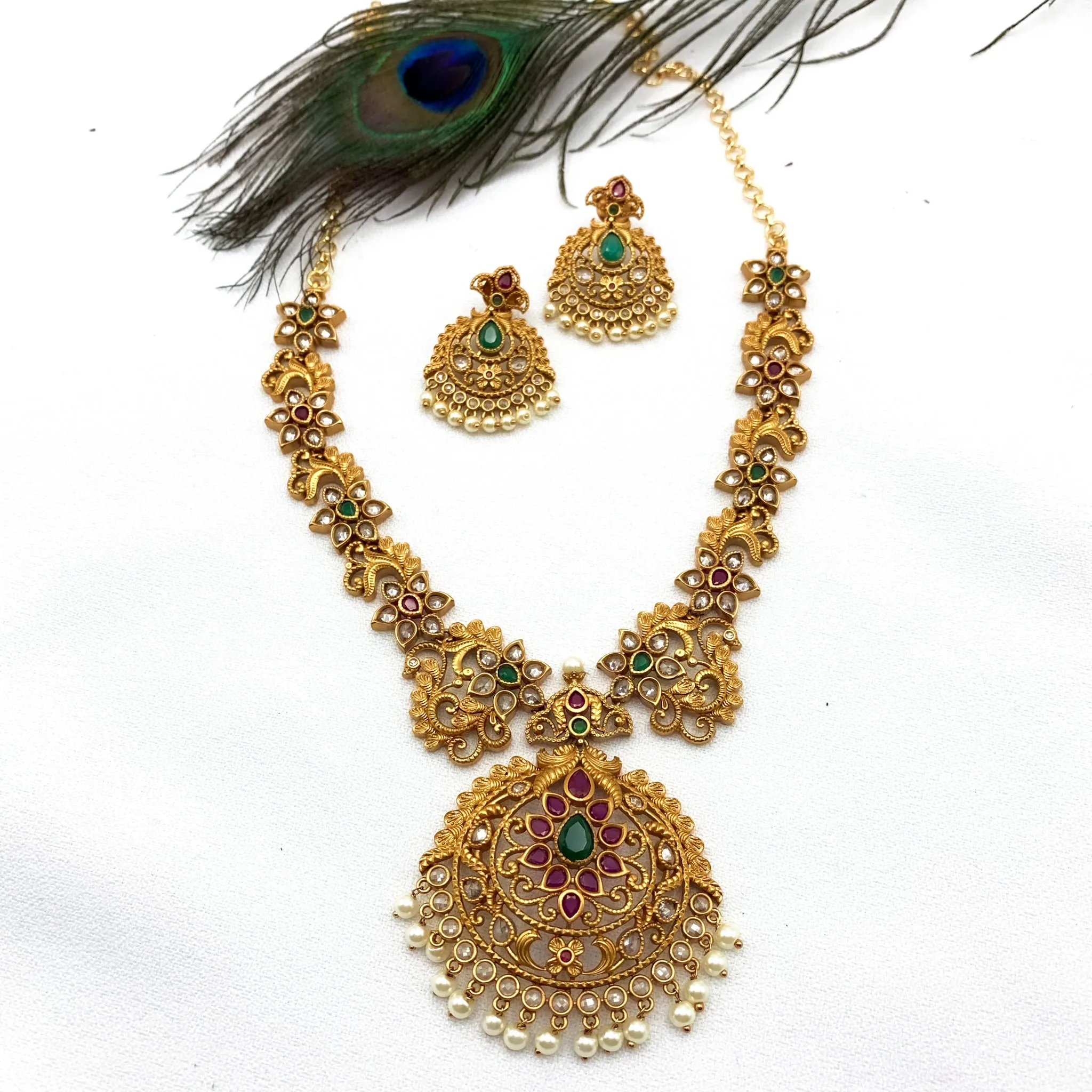 Traditional Antique Matte Gold plated Necklace Set with Ruby Red and Green Stones