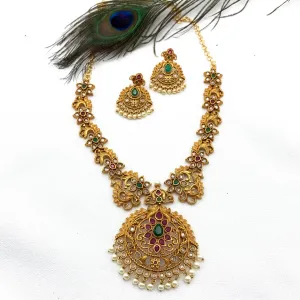 Traditional Antique Matte Gold plated Necklace Set with Ruby Red and Green Stones