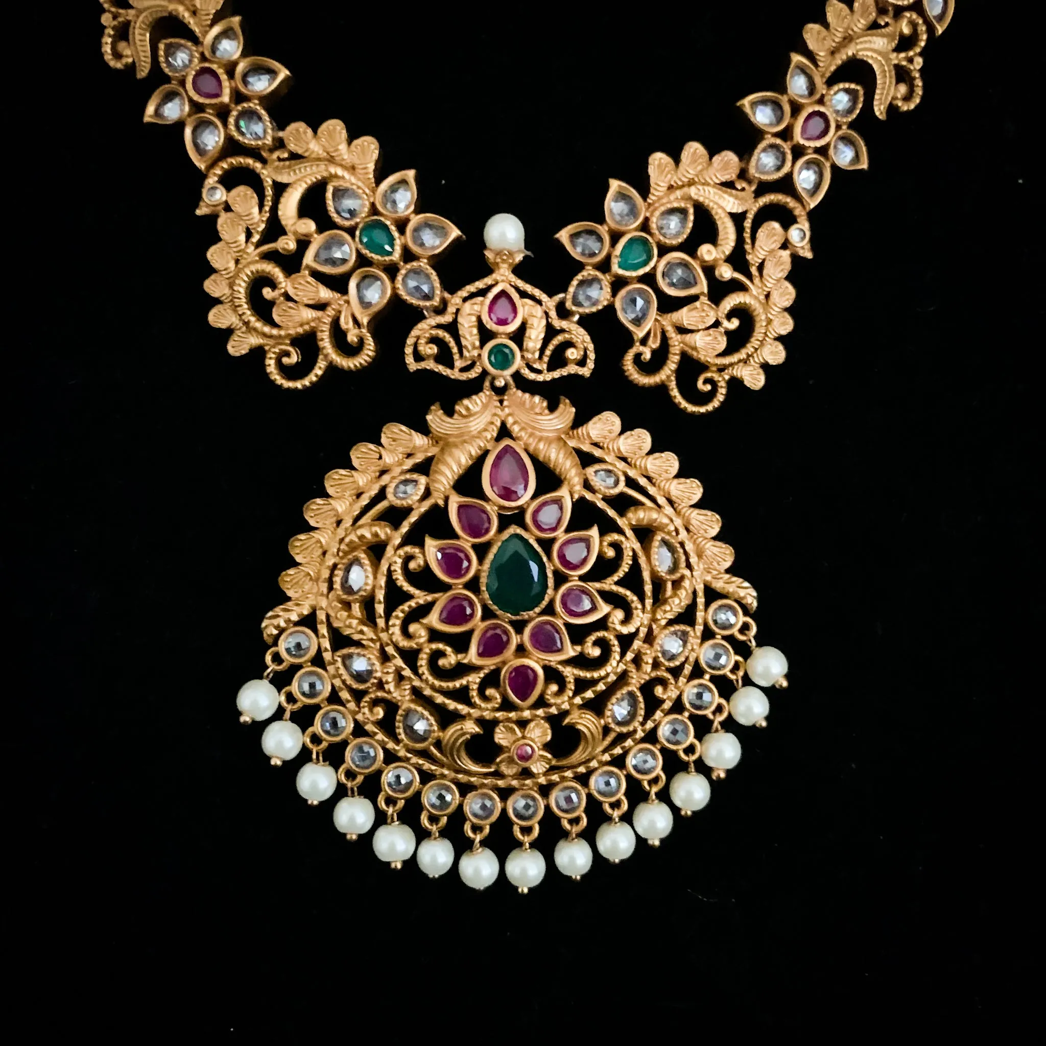 Traditional Antique Matte Gold plated Necklace Set with Ruby Red and Green Stones