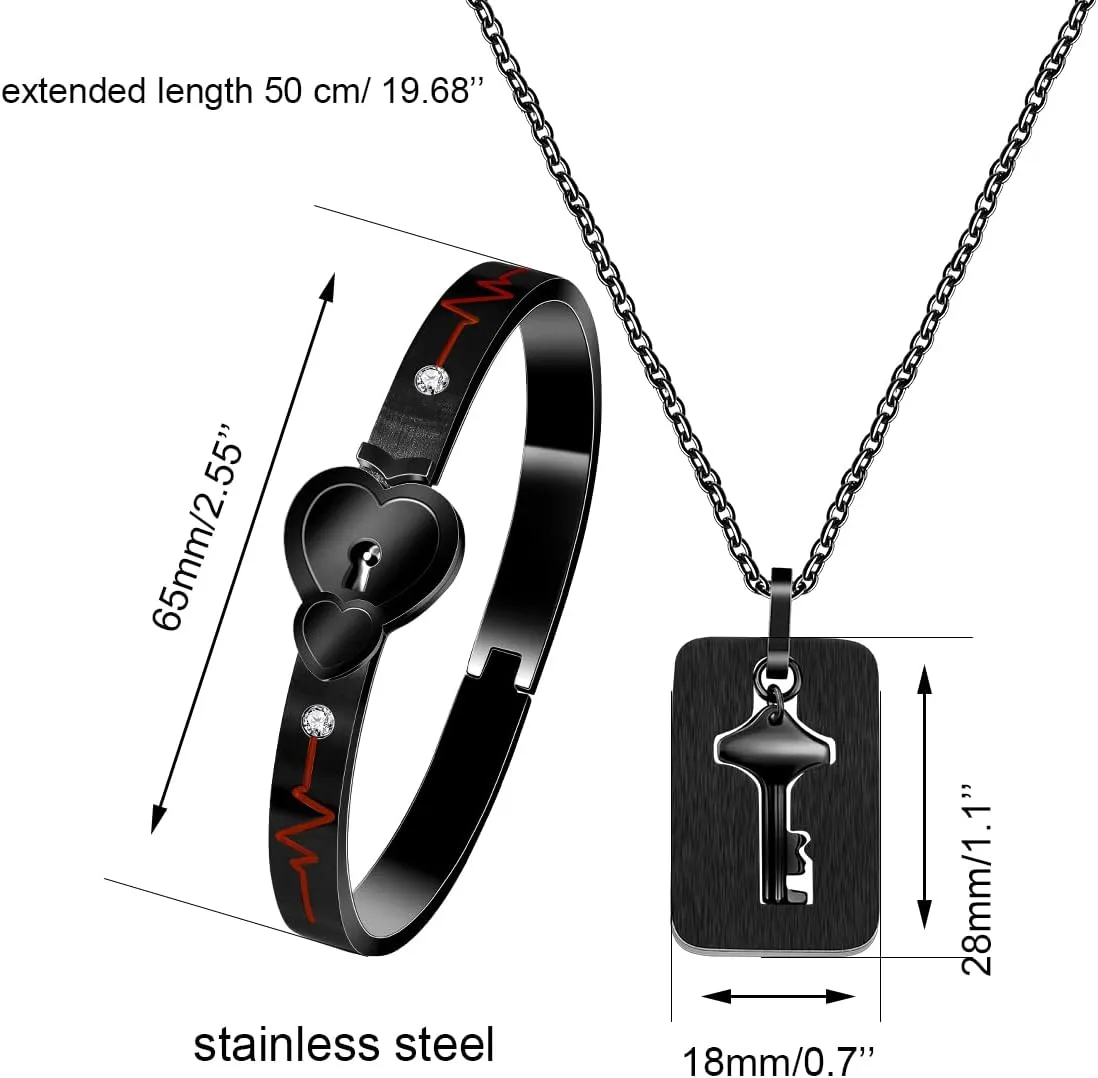 Uloveido Rose Gold Plated Titanium Matching Puzzle Couple Heart Lock Bracelet and Key Pendant Necklace for Men and Women