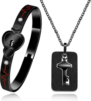 Uloveido Rose Gold Plated Titanium Matching Puzzle Couple Heart Lock Bracelet and Key Pendant Necklace for Men and Women