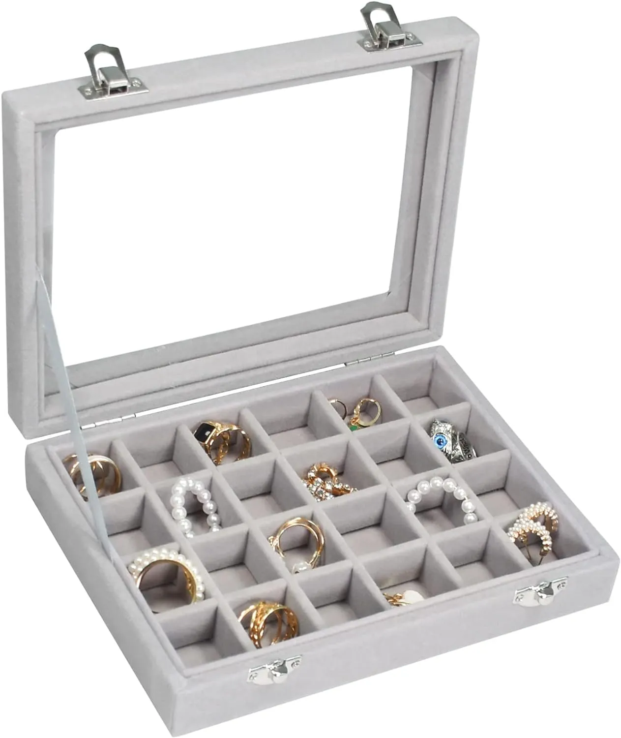 Velvet Jewelry Box 24 Grid Jewelry Ring Display Organiser Box Tray Holder Earrings Storage Case for Girls Wife Mom Women (Gray)