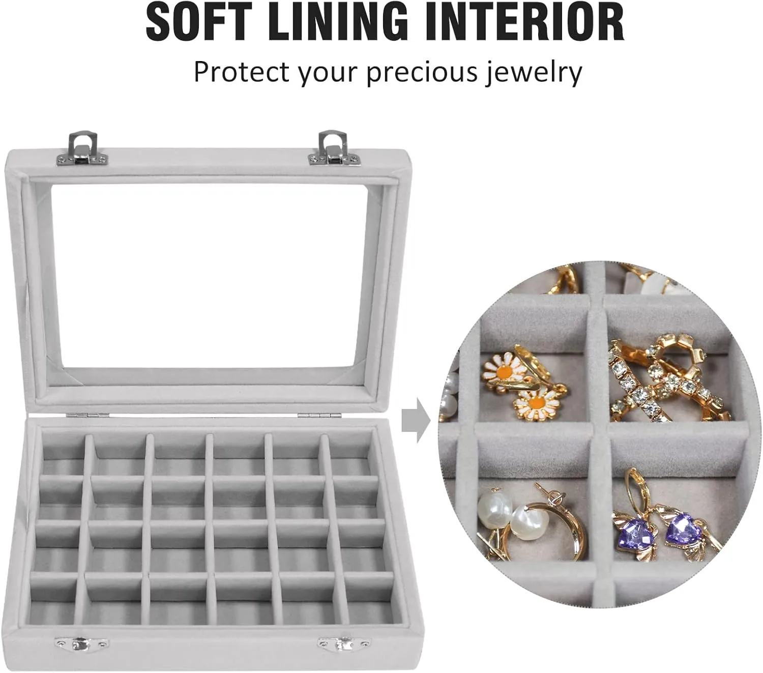 Velvet Jewelry Box 24 Grid Jewelry Ring Display Organiser Box Tray Holder Earrings Storage Case for Girls Wife Mom Women (Gray)