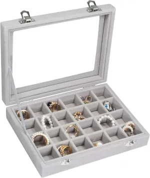 Velvet Jewelry Box 24 Grid Jewelry Ring Display Organiser Box Tray Holder Earrings Storage Case for Girls Wife Mom Women (Gray)