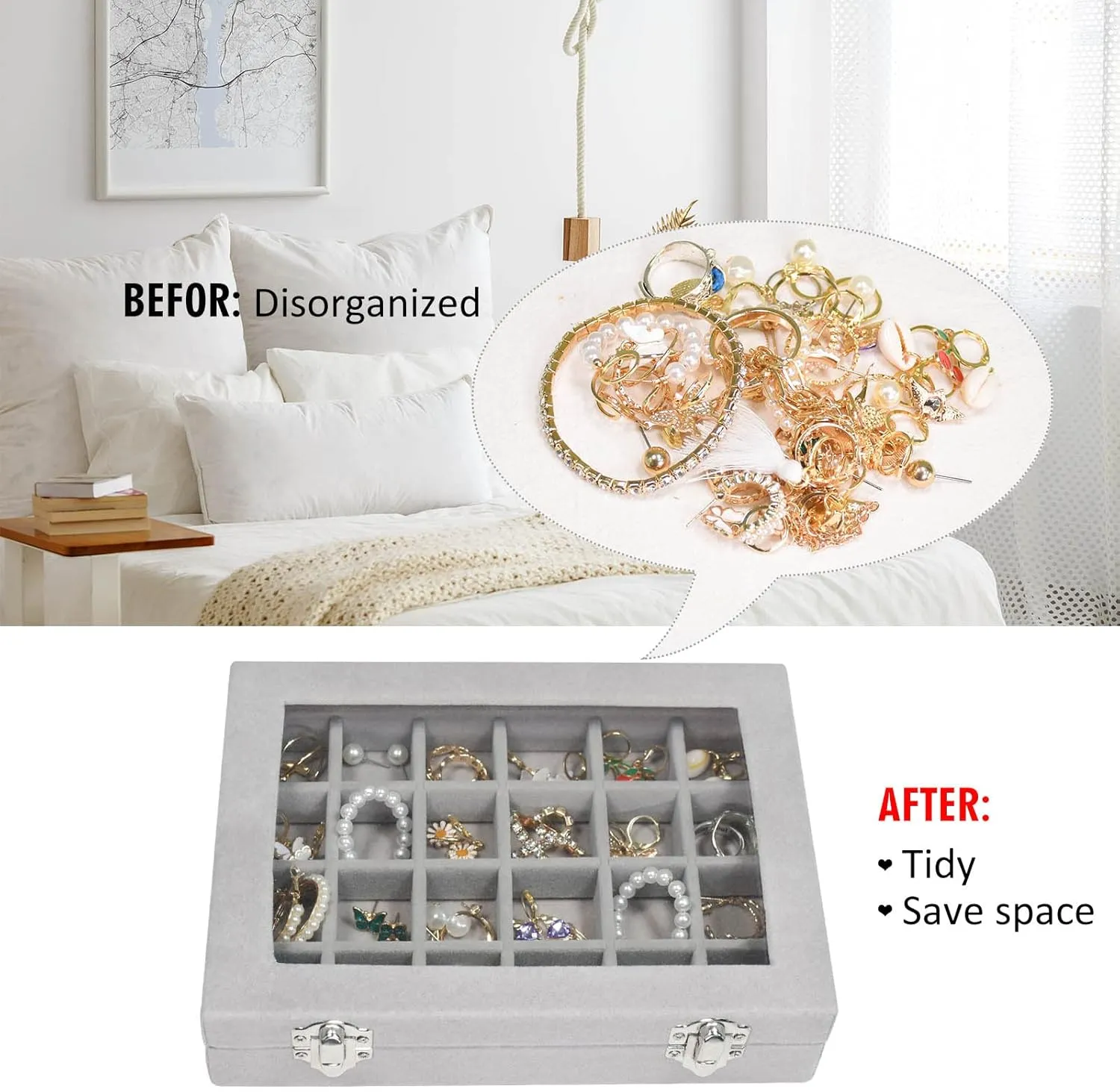 Velvet Jewelry Box 24 Grid Jewelry Ring Display Organiser Box Tray Holder Earrings Storage Case for Girls Wife Mom Women (Gray)