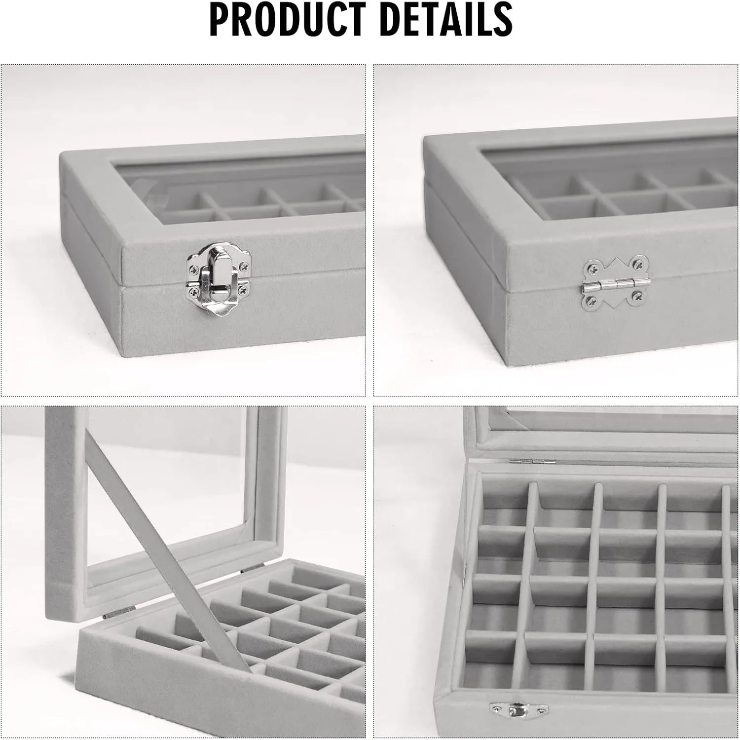 Velvet Jewelry Box 24 Grid Jewelry Ring Display Organiser Box Tray Holder Earrings Storage Case for Girls Wife Mom Women (Gray)
