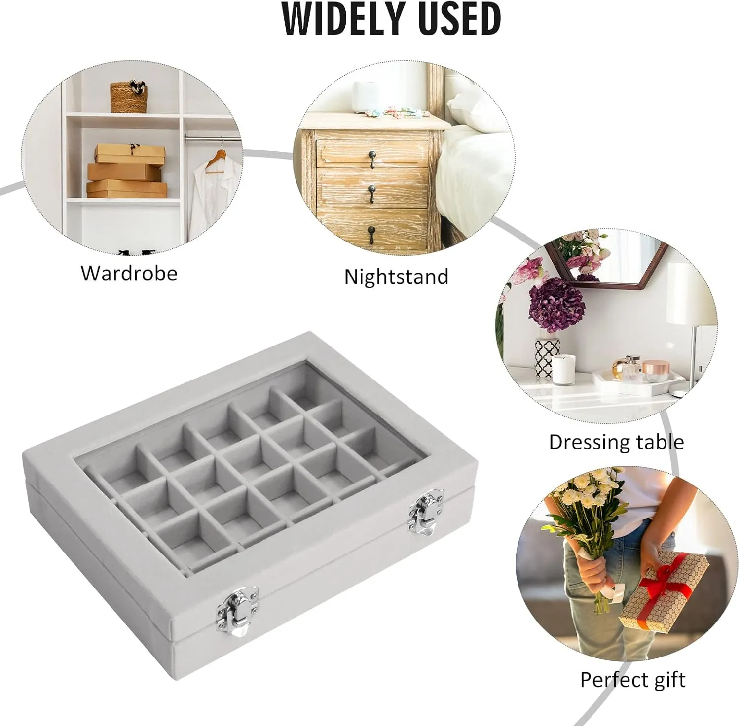 Velvet Jewelry Box 24 Grid Jewelry Ring Display Organiser Box Tray Holder Earrings Storage Case for Girls Wife Mom Women (Gray)