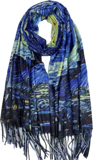 VENVSBEE Reversible Soft Cashmere Feel Scarf Large Shawl Wrap Double-side Art Print Warm Pashmina Klimt Van Gogh Gifts