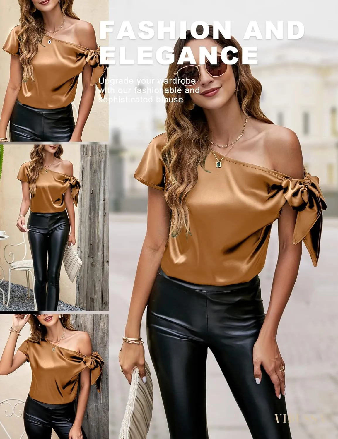 VIDUSSA Women's Off Shoulder Silk Tops Casual Short Sleeve Asymmetrical Neck Satin Blouse Shirts