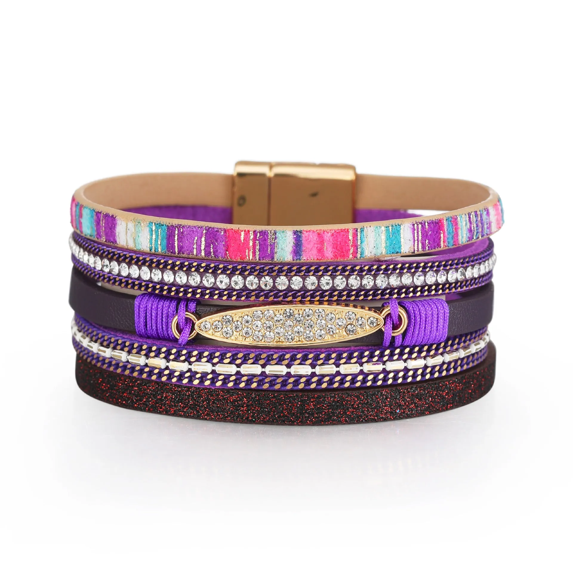 Wholesale Bohemian Ethnic Style Diamond Colored Magnetic Buckle Leather Bracelet