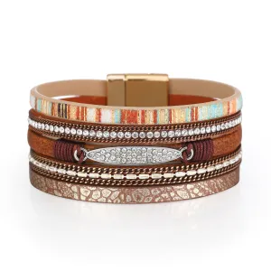 Wholesale Bohemian Ethnic Style Diamond Colored Magnetic Buckle Leather Bracelet