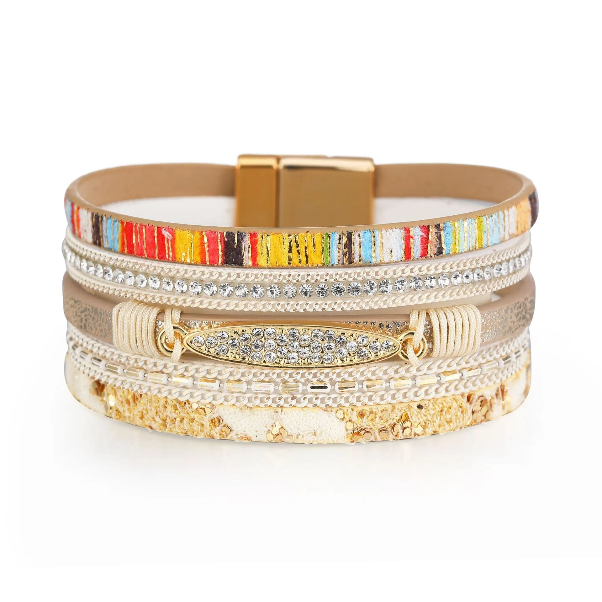 Wholesale Bohemian Ethnic Style Diamond Colored Magnetic Buckle Leather Bracelet
