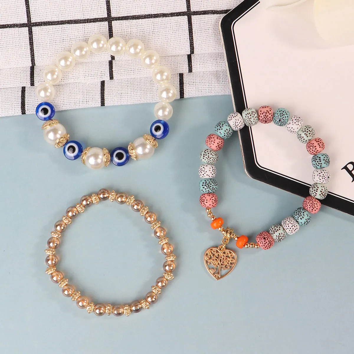 Wholesale Bohemian Eye Tree of Life Pendant Multi Layered Pendant Glass Elastic Bracelet