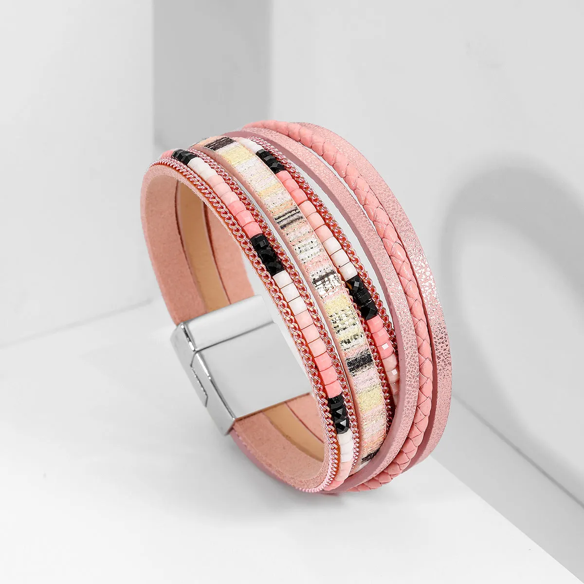 Wholesale Bohemian Hand Woven Leather Alloy Magnetic Buckle Women's Fashion Bracelets