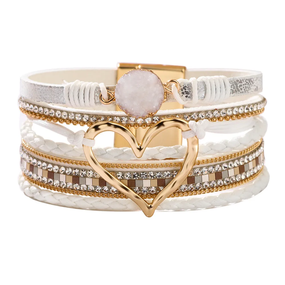 Wholesale Bohemian Heart Rhinestone Magnetic Leather Bracelet