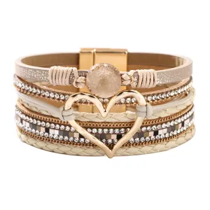 Wholesale Bohemian Heart Rhinestone Magnetic Leather Bracelet
