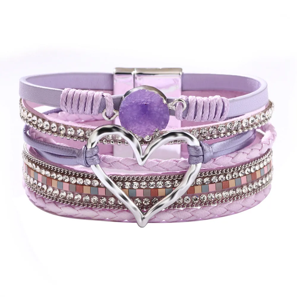 Wholesale Bohemian Heart Rhinestone Magnetic Leather Bracelet