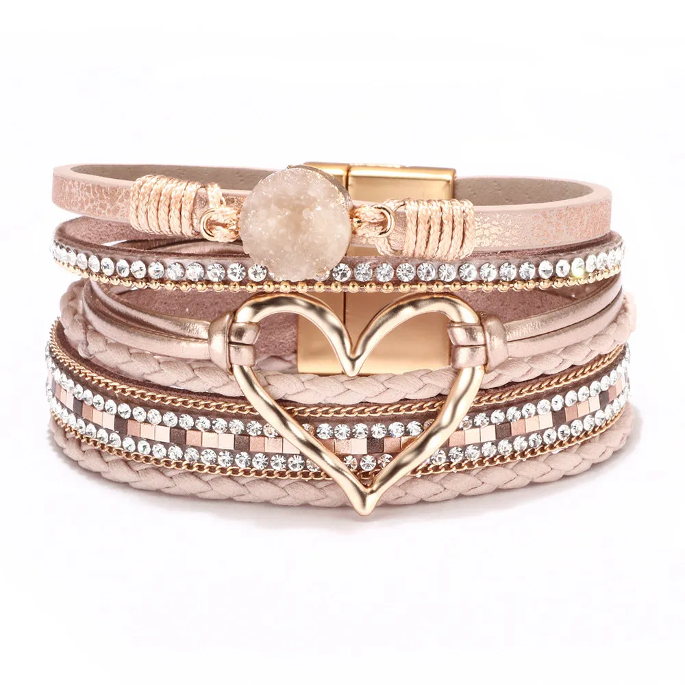 Wholesale Bohemian Heart Rhinestone Magnetic Leather Bracelet